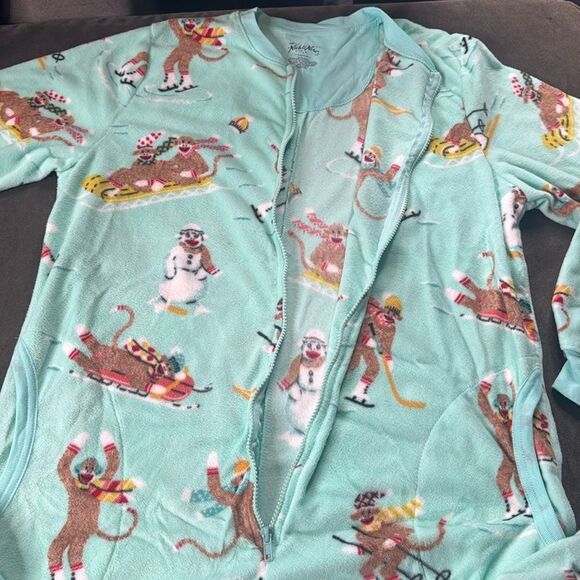 Nick & Nora Adult Teen Unisex Fleece One Piece Sock Monkeys Pajama Size L NWT - Picture 6 of 12